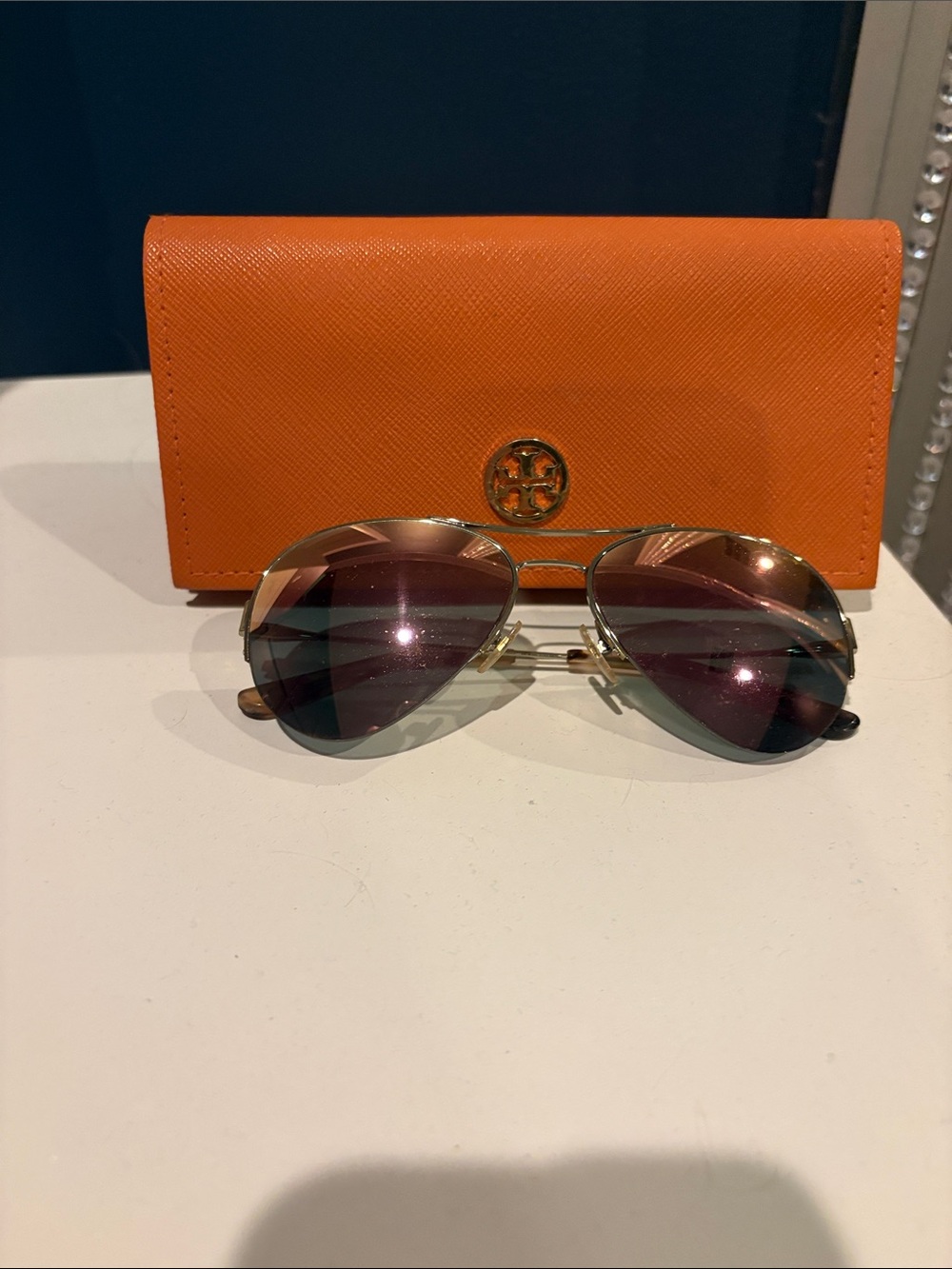 Tory Burch Glasses with Orange Saffiano Sunglass Case with Gold Logo Accent